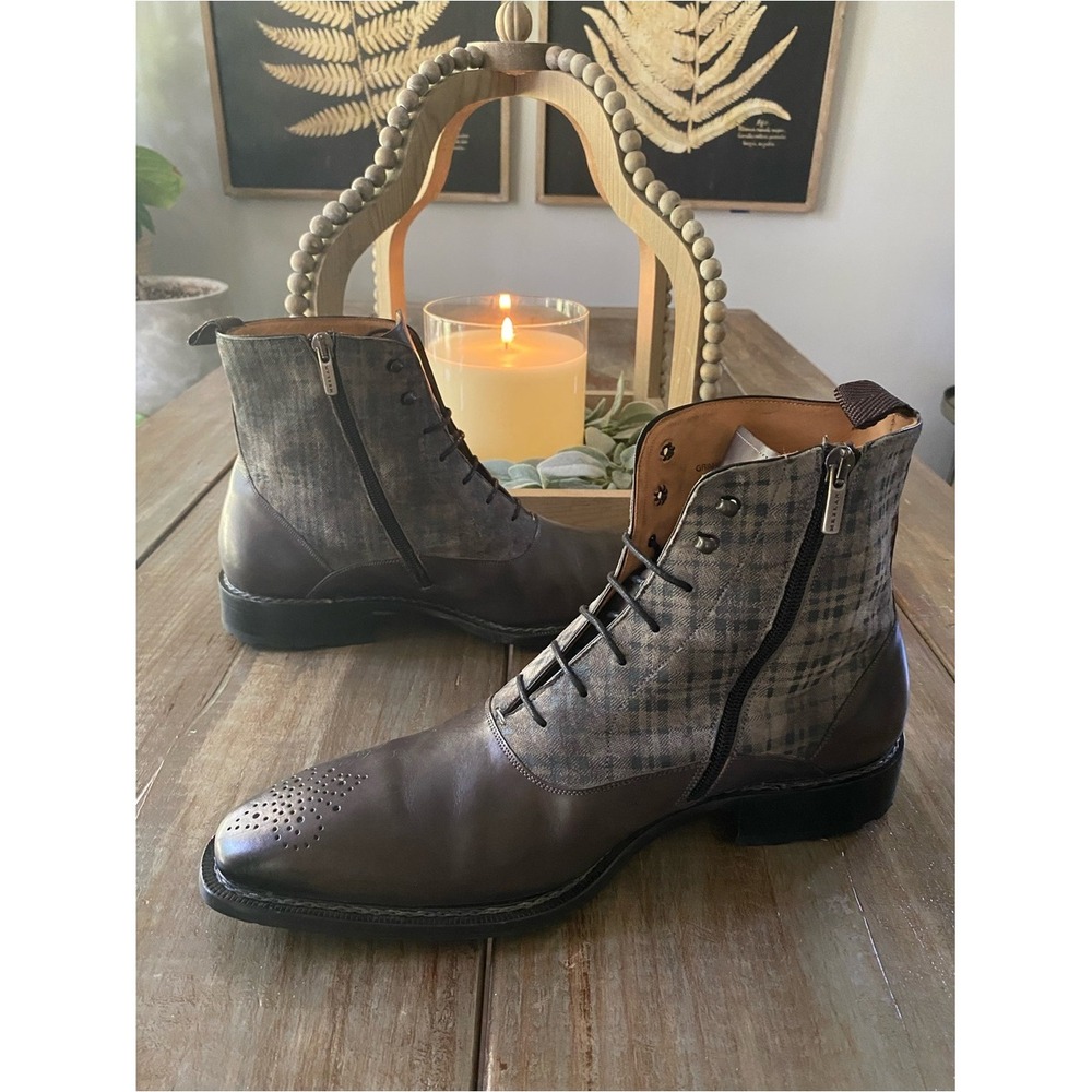 Mezlan Grimaldi Custom Leather Plaid Side Zip Lace Up Boots Shoe Mens 11 M Brown - Picture 8 of 14